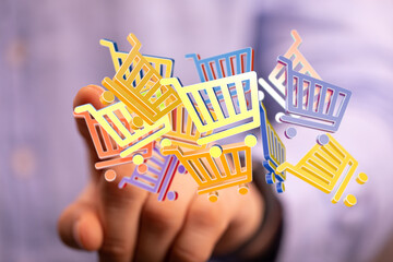 Abstract image showing floating shopping carts representing online shopping, sales and digital...