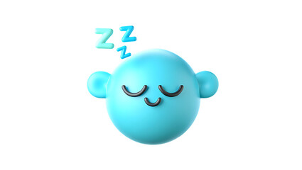 3d icon of a cute blue emoji character sleeping with closed eyes and a smile, with zzz symbols floating above its head, isolated on transparent background, 3d abstract shape