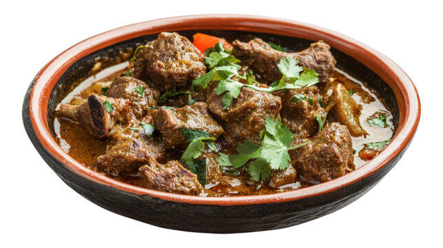 Lamb curry in rustic bowl isolated on a transparent background