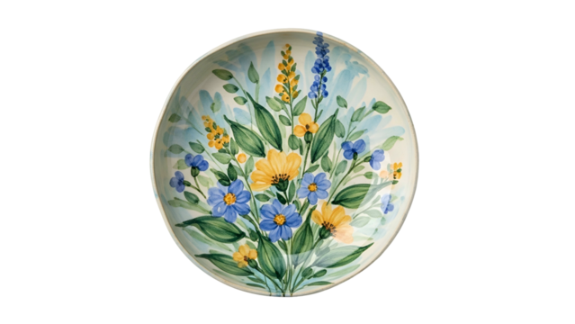 Handpainted ceramic dish features a colorful arrangement of wildflowers and foliage against a dark backdrop