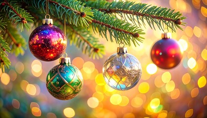 Obraz premium Festive Christmas ornaments hanging from a pine tree with a blurred bokeh background