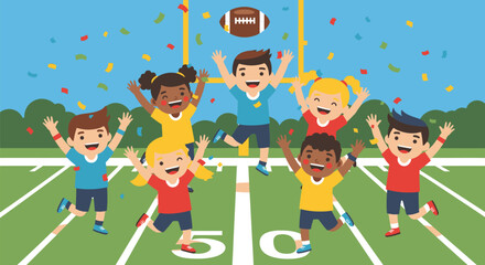 Excited Children Celebrating a Football Game Victory on the Field.