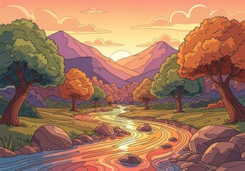 Serene mountain valley landscape with winding river at sunset