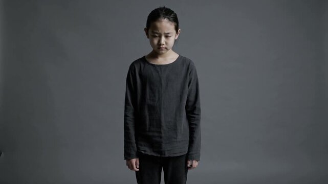 Sad thoughtful person standing over gray background pessimistic mood concept