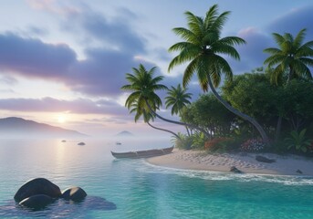 Serene tropical island paradise at sunset with palm trees and calm turquoise waters