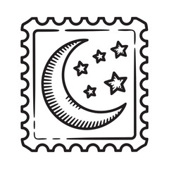 Hand drawn crescent moon and stars inside a postage stamp outline