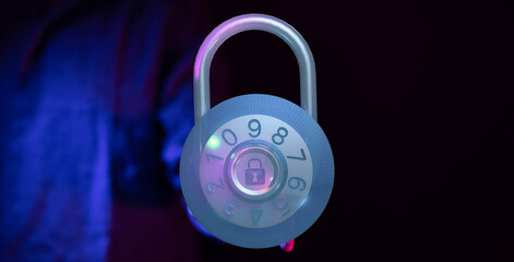 Close up shot of a combination lock with the dial turned, representing security, protection, and...