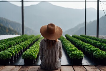 Farmer wearing a straw hat tending to rows of fresh green plants in a modern vertical farm greenhouse
