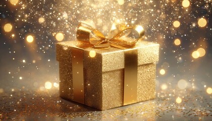 Sparkling Golden Gift Box with Bow, Surrounded by Festive Bokeh Lights and Glitter - Celebration, Holiday, Luxury Present, Anniversary, Birthday