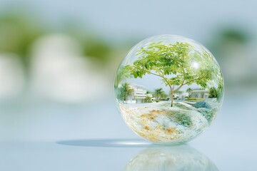 Sustainable modern circular economy concept reflected in a glass sphere with lush green tree and buildings
