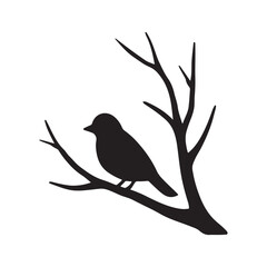 Bird on a bare branch silhouette, a simple vector for winter quietness and nature, isolated on a white background