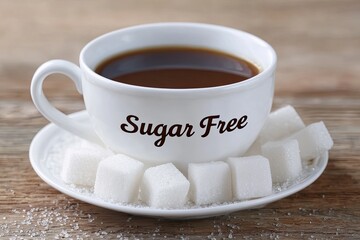 White coffee cup with 'Sugar Free' text, surrounded by sugar cubes on a saucer