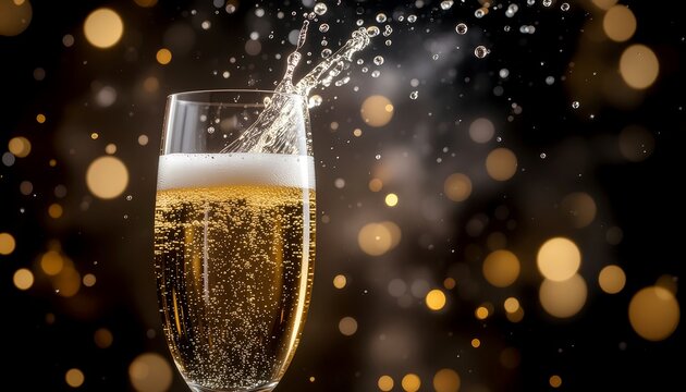 A champagne flute with a dramatic liquid splash against a dark background with golden bokeh lights.
