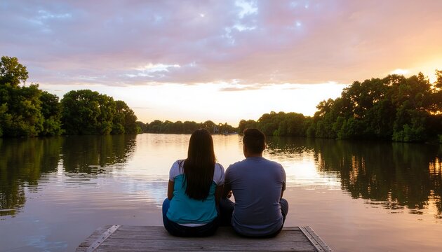 A couple sits quietly on a dock, backs to the camera, watching the sunset over a peaceful river.