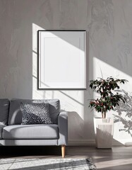 Modern living room interior with blank frame mockup on sunlit wall.