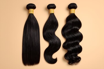 Three Types of High-Quality Black Human Hair Extensions on Brown Background