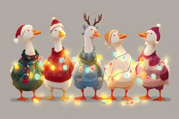 Festive Geese with Christmas Hats and Colorful Lights in Sweaters