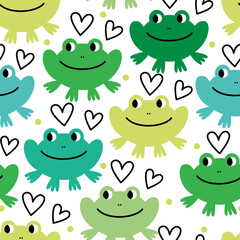 Vector seamless pattern with funny frogs of different green colors