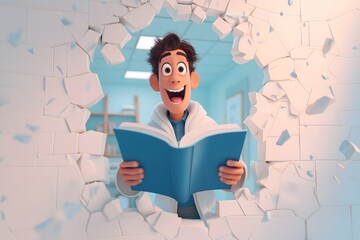 Cheerful Young Man Enthusiastically Holding Open Book in Office