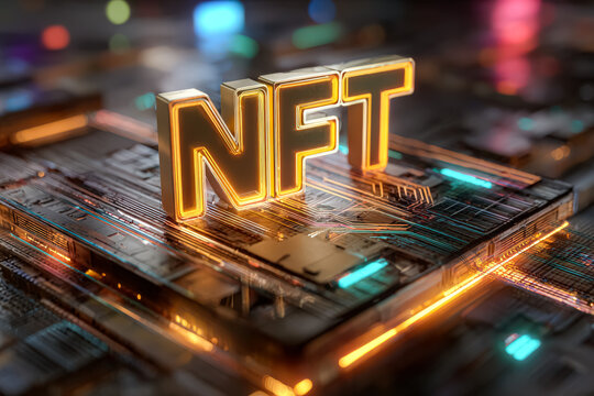 3D NFT text illuminated above a detailed digital circuit board, showcasing intricate patterns and vibrant colors, representing modern finance concepts - Powered by Adobe