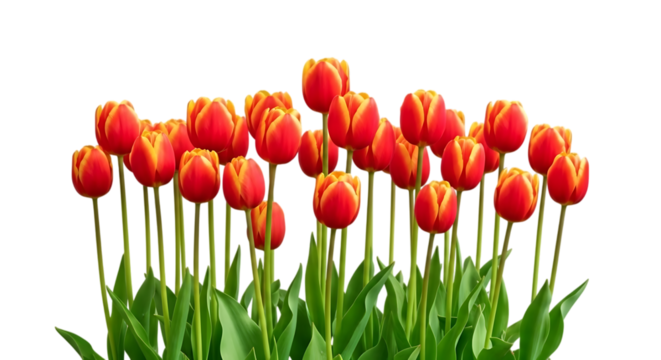 Vibrant cluster of red and orange tulips with green stems and leaves isolated on transparent background - Powered by Adobe