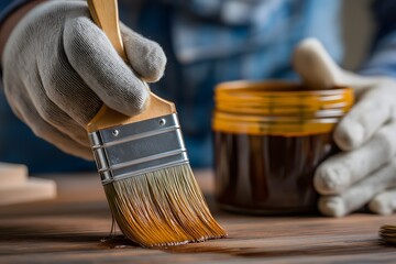 Close-Up of Hand Using Paintbrush on Wood Surface with Stain