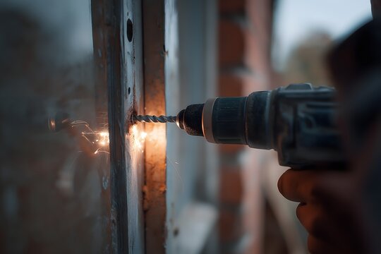Close-Up of Electric Drill Creating Sparks on Metal Surface