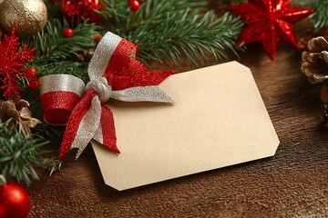 Festive Blank Gift Tag with Red Bow on Holiday Background Decorations
