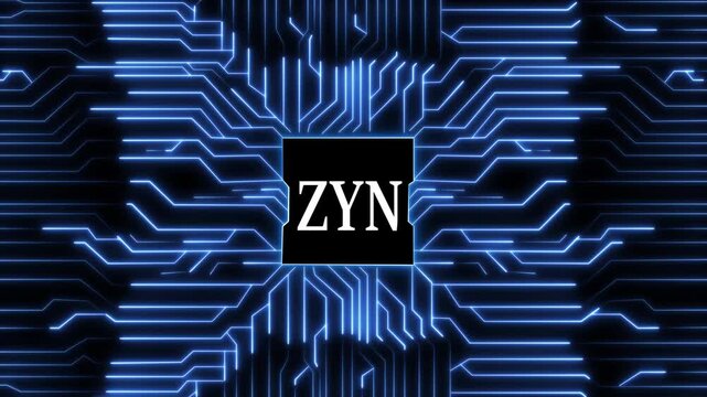 A futuristic glowing blue circuit board design with the word zyn in the center, creating a hightech and modern aesthetic suitable for technology and innovation related themes