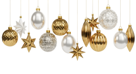 Collection of elegant gold and silver christmas ornaments hanging isolated on transparent background