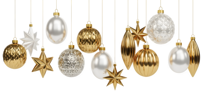 Collection of elegant gold and silver christmas ornaments hanging isolated on transparent background