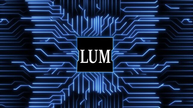 A futuristic glowing blue circuit board design with the word lum in the center, creating a hightech and modern aesthetic suitable for technology and innovation related themes