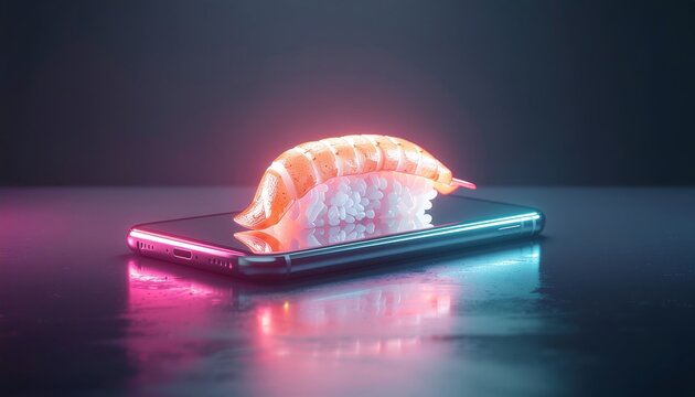 A shrimp sushi hologram glowing with neon colors, projected from a smartphone