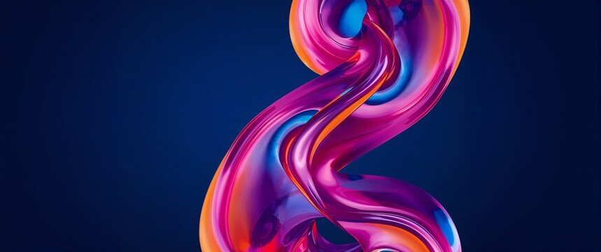 Dynamic swirling form of liquid color, a 3D abstract render with glossy, fluid motion and vibrant hues of purple, pink, and orange