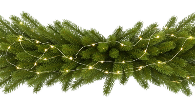 Close up of a green fir branch garland with delicate warm white fairy lights woven through the needles isolated on transparent background