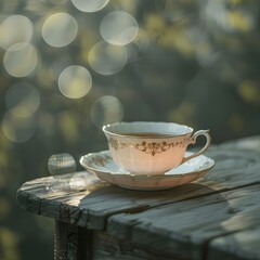 Obraz premium Elegant porcelain teacup on rustic wooden table with golden sunlight bokeh — vintage tea setting, serene outdoor still life for relaxation, mindfulness, and lifestyle design concepts 