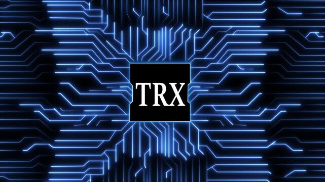 Futuristic trx logo on a circuit board background, showcasing a modern and technological aesthetic with glowing blue lines and a sleek design, perfect for branding and digital use