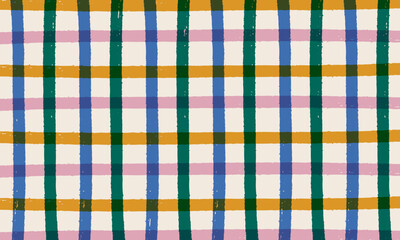 Cute hand drawn grid in doodle style. Fun abstract background. Artistic plaid pattern with colorful checks