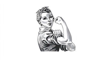Engraving sketch strong woman flexing arm vintage style illustration symbol of female empowerment
