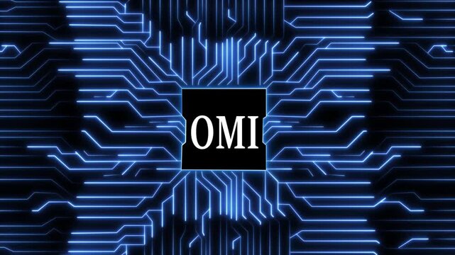 Modern omi logo on a circuit board background, featuring glowing blue lines and a sleek design, perfect for technology branding and digital applications in the tech industry