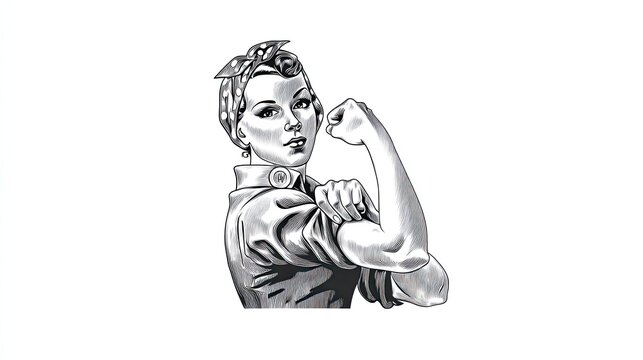 Engraving sketch strong woman flexing arm vintage style illustration symbol of female empowerment