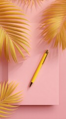 Gold Palm Leaves And Yellow Pen On Pink Background