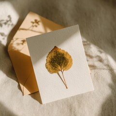 Dried Leaf On Beige Card With Envelope