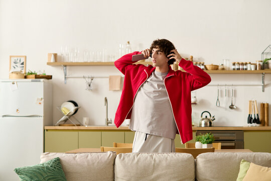 Handsome man showcases stylish attire in modern kitchen setting during casual relaxation time