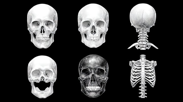 Detailed 3d render of human skull and rib cage anatomy in multiple views on black background medical illustration concept
