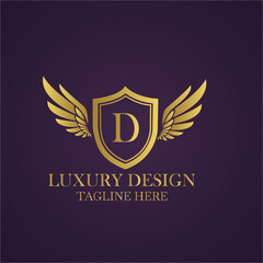 Elegant luxury logo design with letter d, golden shield and wings on a dark purple background