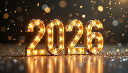 Illuminated &ldquo;2026&rdquo; numbers with Christmas tree in background, festive New Year celebration