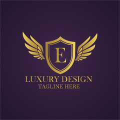 Elegant luxury logo design with letter e, golden shield and wings on a dark purple background