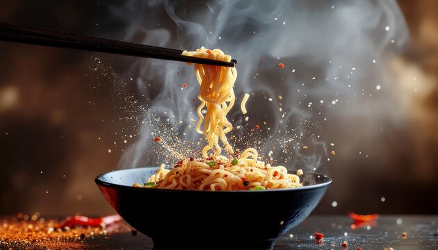 Chopsticks pull steaming noodles from a bowl, scattering chili and particles dramatically mid-air.