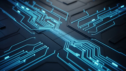 Abstract glowing blue circuit board pathways representing data flow and digital technology connections